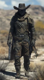 Masked gunslinger walks through arid desert landscape