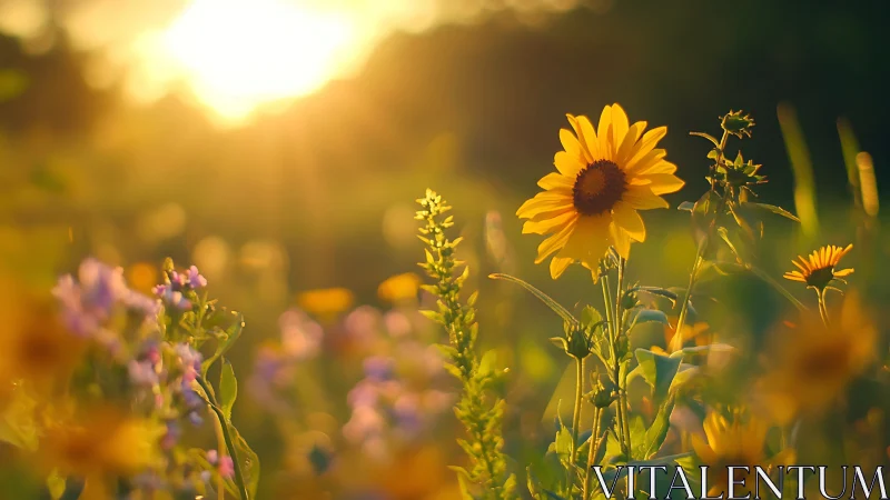 Sunlit wildflowers glowing warmly in a golden summer meadow.