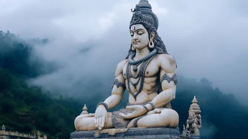 Majestic Shiva statue in misty mountain temple landscape.