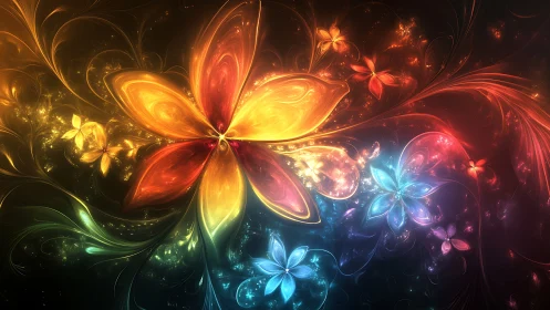 Luminous fractal flowers radiate multicolor cosmic energy.