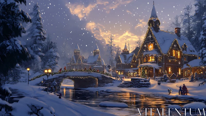 Digital painting of illuminated winter village with river bridge.
