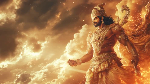 Golden warrior deity in glowing divine cloudscape scene.