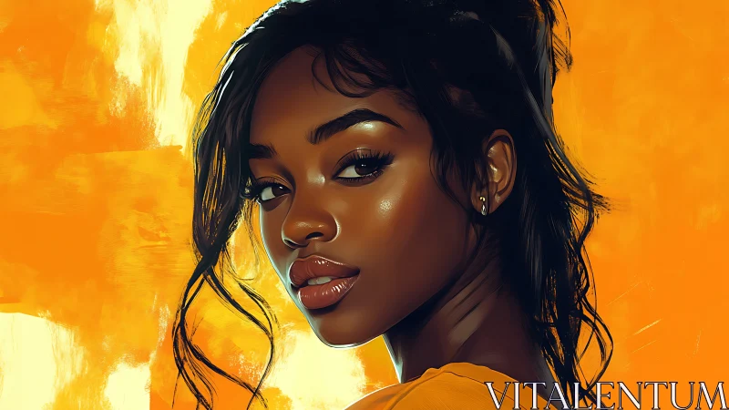 Digital portrait highlights luminous skin against orange field.