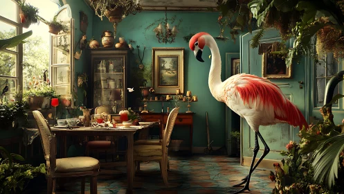 Large flamingo in ornate vintage dining room interior.