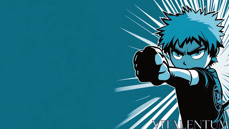 Blue toned anime boy punches forward with dynamic lines