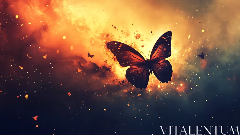 Thermal-gradient butterfly silhouette in explosive nebular field.