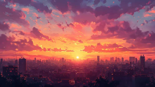 Panoramic stylized city skyline under radiant sunset sky