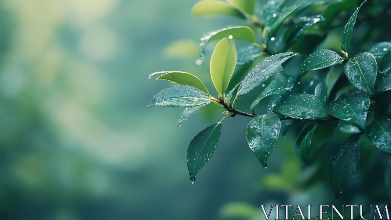 Morning rain jewels rest softly on fresh green leaves