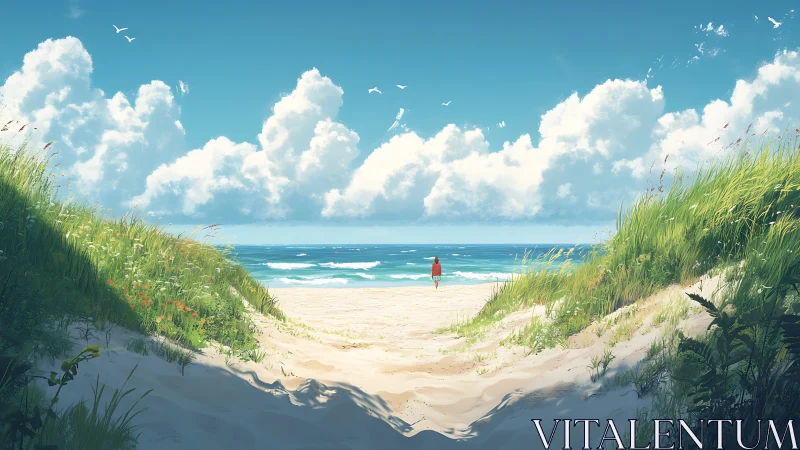 Soft summer dunes open toward calm waves and bright skies