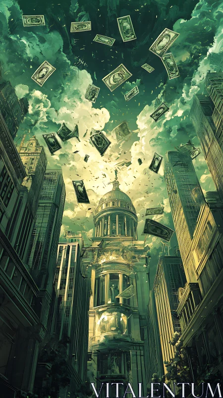 Skyward metropolis with falling currency and domed capital.