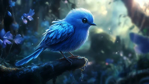 Vibrant Blue Bird Perched in Enchanted Forest, Digital Art Style.