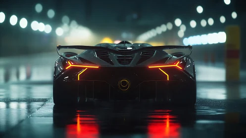 Futuristic hypercar rear view in neon lit rainy tunnel.