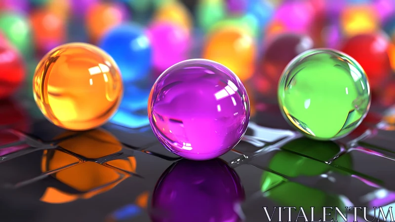 High-gloss chromatic spheres rest on reflective tiled surface
