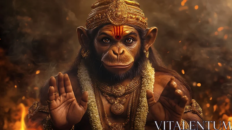 Divine monkey deity in ornate gold regalia raises blessing hands.