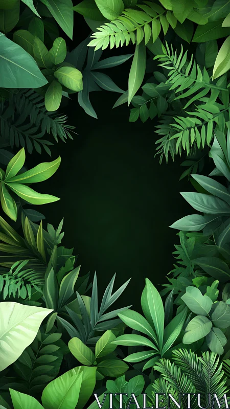 Lush tropical foliage frame surrounds deep emerald void.