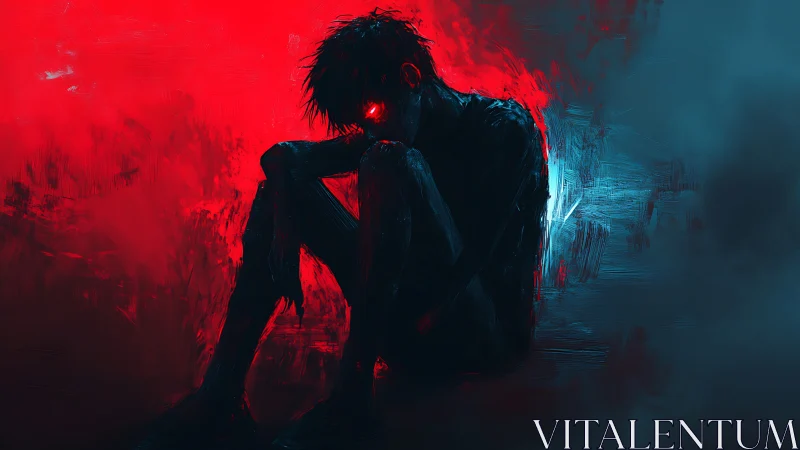 Silhouetted figure with glowing eyes in red blue contrast.