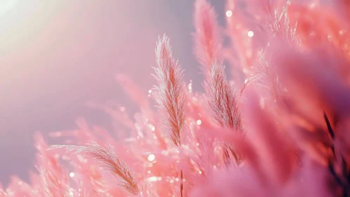 Pink pampas plumes glow under soft backlit sunrise haze.