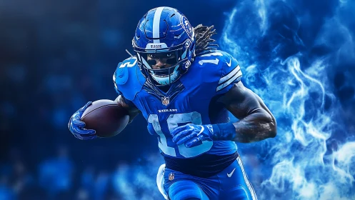 Electric blue football runner charges through smoky energy.
