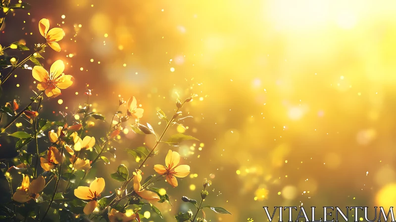 Golden blossoms glow softly in a dreamy sunset haze