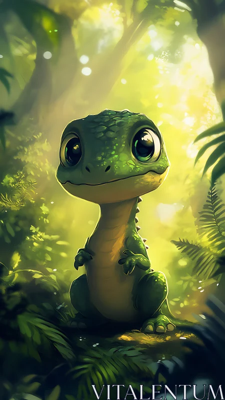 Baby forest dinosaur glows under soft sunbeams