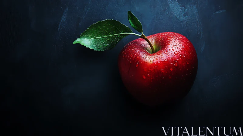 Lustrous red apple with dewdrops on deep charcoal background.