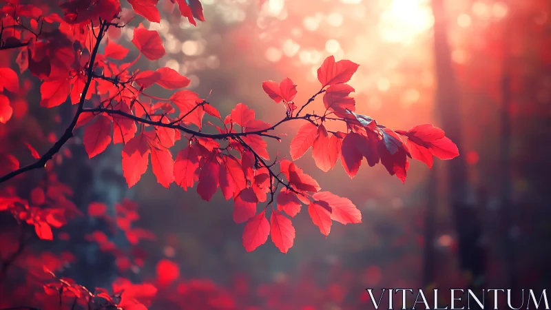 Scarlet autumn leaves glow softly in warm forest light.