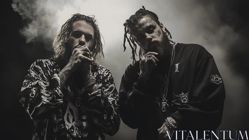 Moody dual portrait of tattooed hip hop artists in stage fog