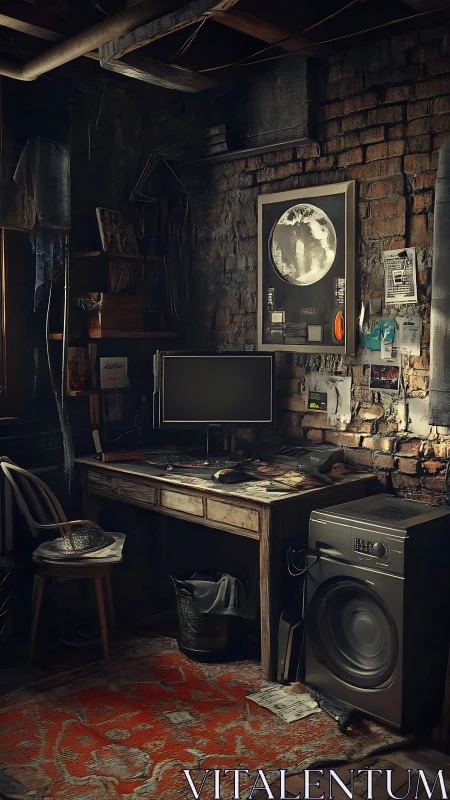Dim brick workspace with worn desk, monitor and washer.