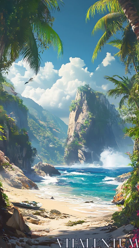 Tropical Coastline with Dramatic Cliff Formation and Palm Framing.