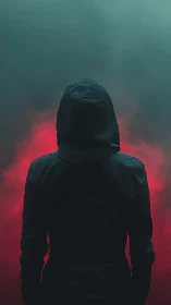 Hooded figure stands in red mist under teal night sky.