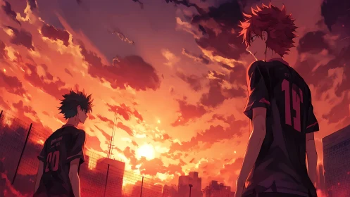 Two soccer players face burning orange sunset sky together