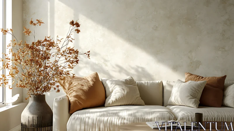 Sunlit neutral sofa with dried foliage and soft cushions.
