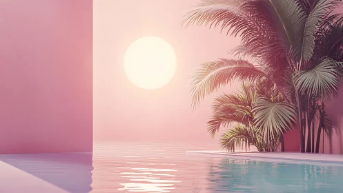 Minimalist pastel poolside sunset with tropical foliage focus.