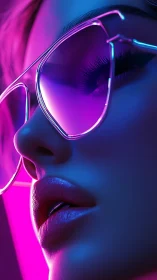 Close-up neon portrait with reflective purple sunglasses.