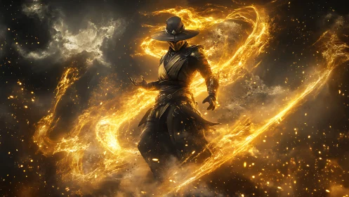 Fire-wreathed mage warrior commands swirling golden energy.