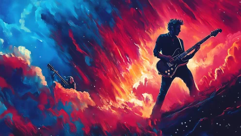 Digital painting of cosmic guitar solo amid nebular firestorm.