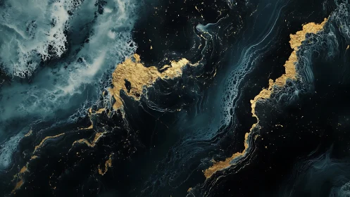 Dark fluid abstract with gold marbled streaks on black background.