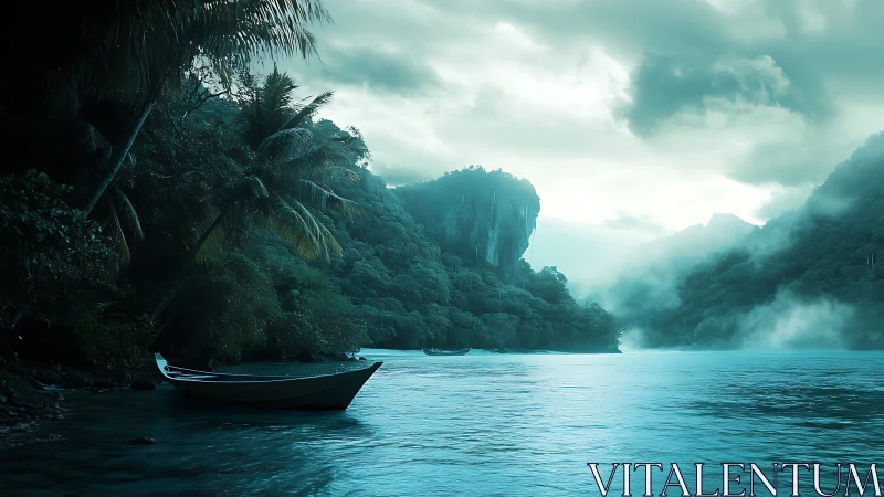 Emerald Lagoon Harbor: Traditional Longboat Anchored Amid Limestone Cliffs.