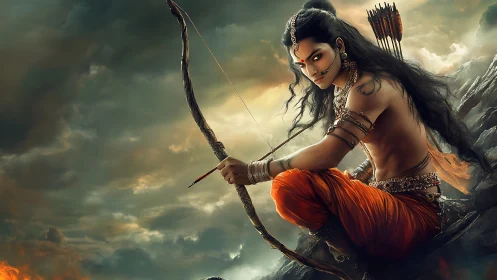 Mythic archer poised on rocky outcrop under storm-lit sky