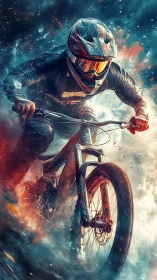 Helmeted cyclist rides off‑road bike through dense particles