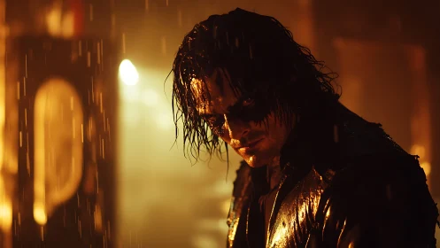 Wet man in dark makeup stands in harsh cinematic rain lighting
