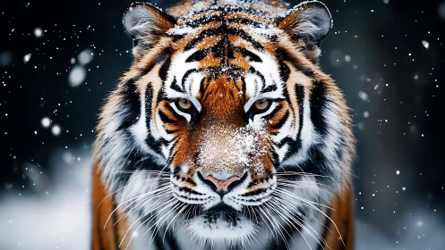 Snow-dusted tiger walks through winter forest with quiet strength.