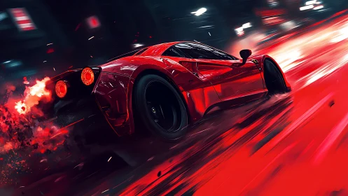 Red supercar drifts through neon night street in flames.