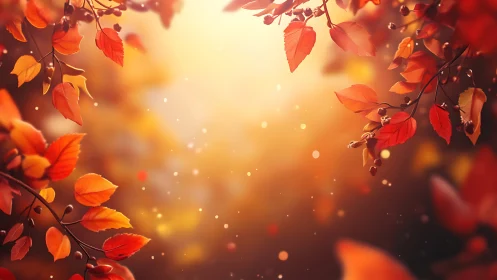 Autumn branches with red leaves against warm sunset glow.