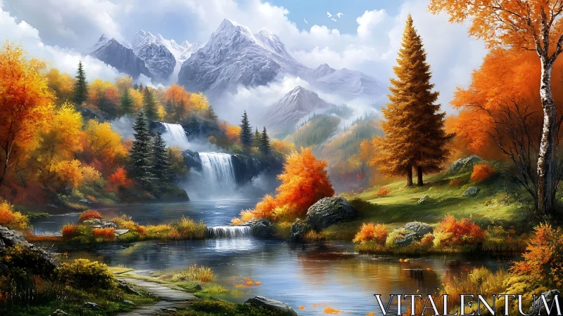 Autumn cascades serenade crystal lake beneath silver peaks.