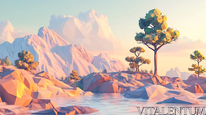 Low poly mountain lake landscape under warm sunrise.