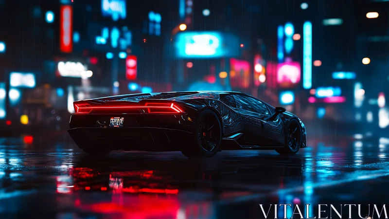 Sleek black supercar glowing under rainy neon city lights.