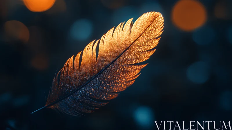 Golden feather macro in cinematic blue bokeh environment.
