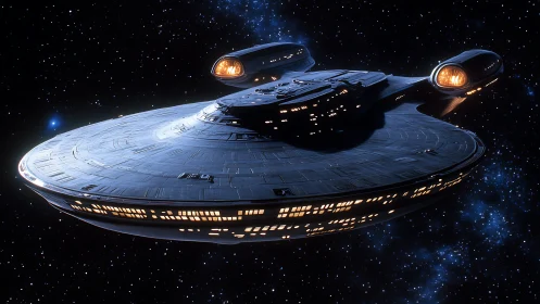 Futuristic disc-shaped starship cruising through deep space.