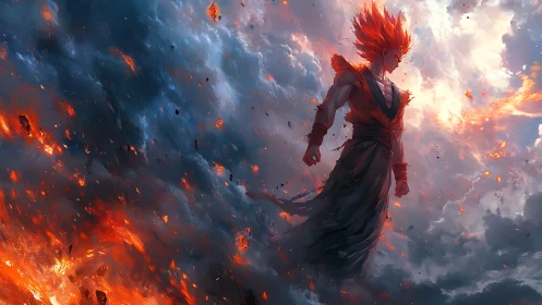Digital painting of fiery warrior amid apocalyptic stormscape.
